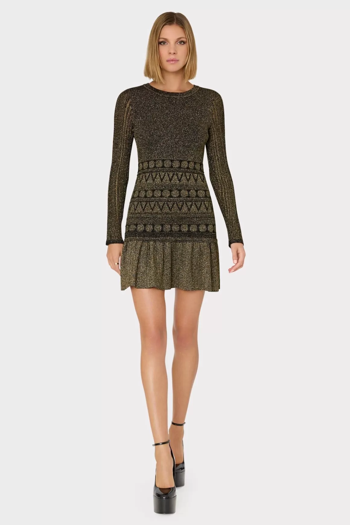 MILLY Knit Dresses-Solene Metallic Ruffle Mini Dress Gold