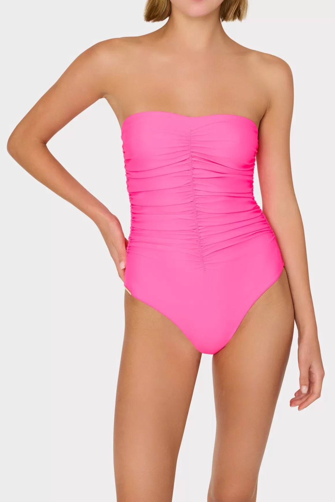 MILLY One Piece Swimsuits-Solid Carvico Vita Ruched One Piece Pink