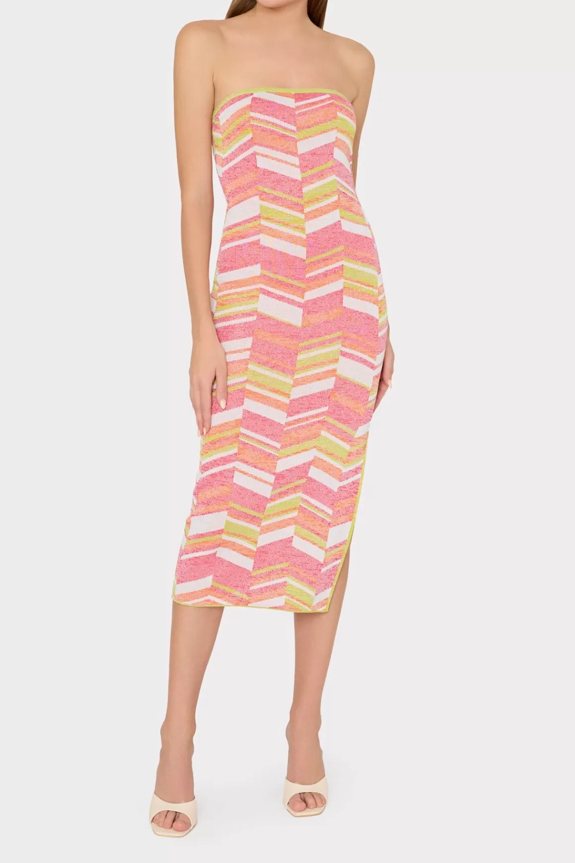 MILLY Cover-Ups-Strapless Multicolor Chevron Knit Dress Chartreuse Multi