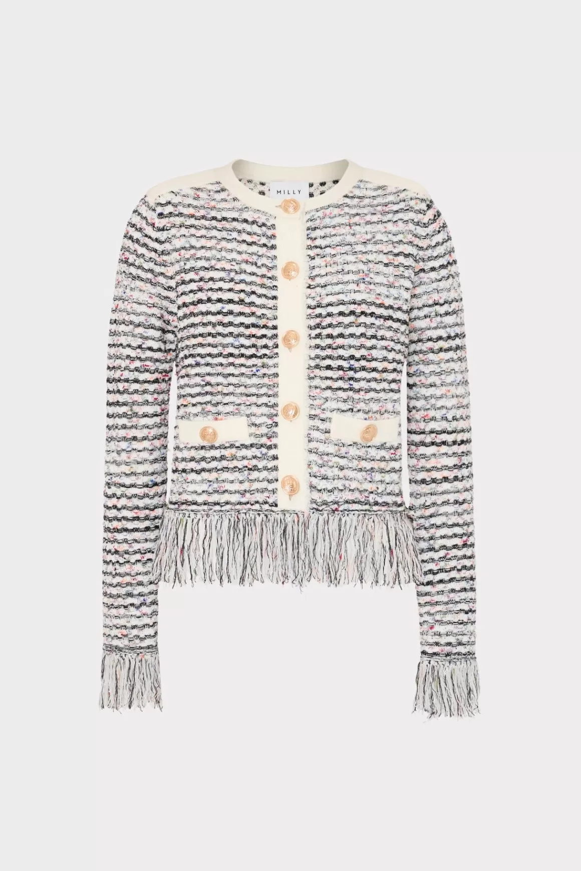 MILLY Sweaters & Knits-Textured Fringe Cardigan Jacket Ecru Multi