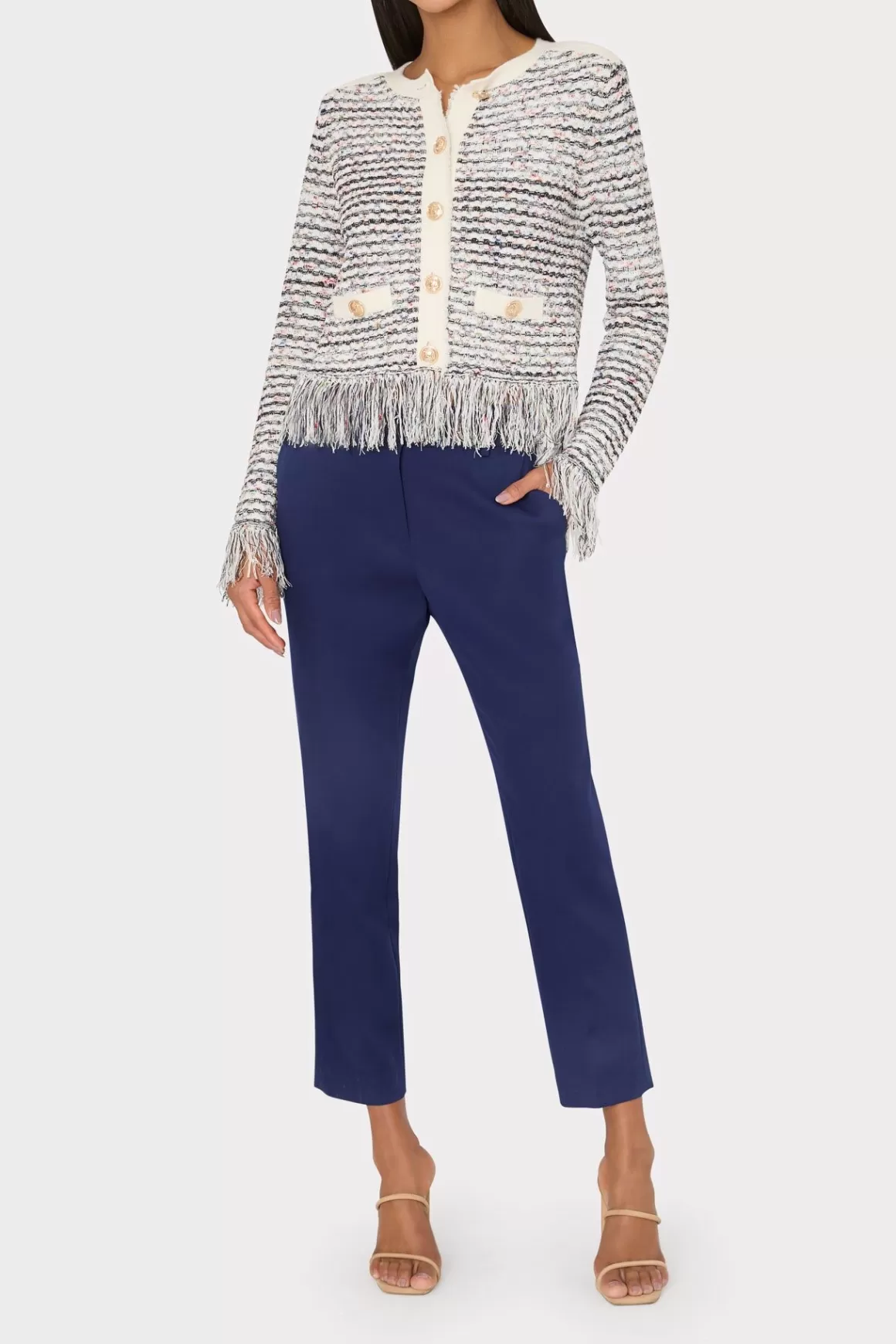 MILLY Sweaters & Knits-Textured Fringe Cardigan Jacket Ecru Multi