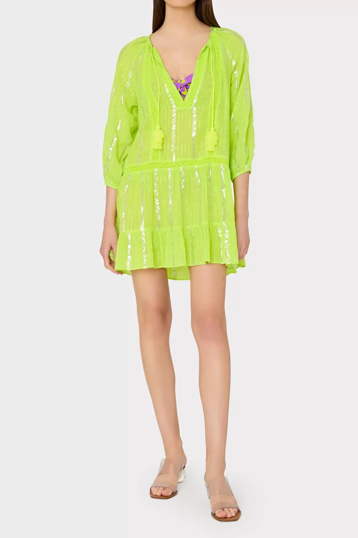 MILLY Cover-Ups-Valentine Lurex Stripe Coverup Dress Neon Yellow