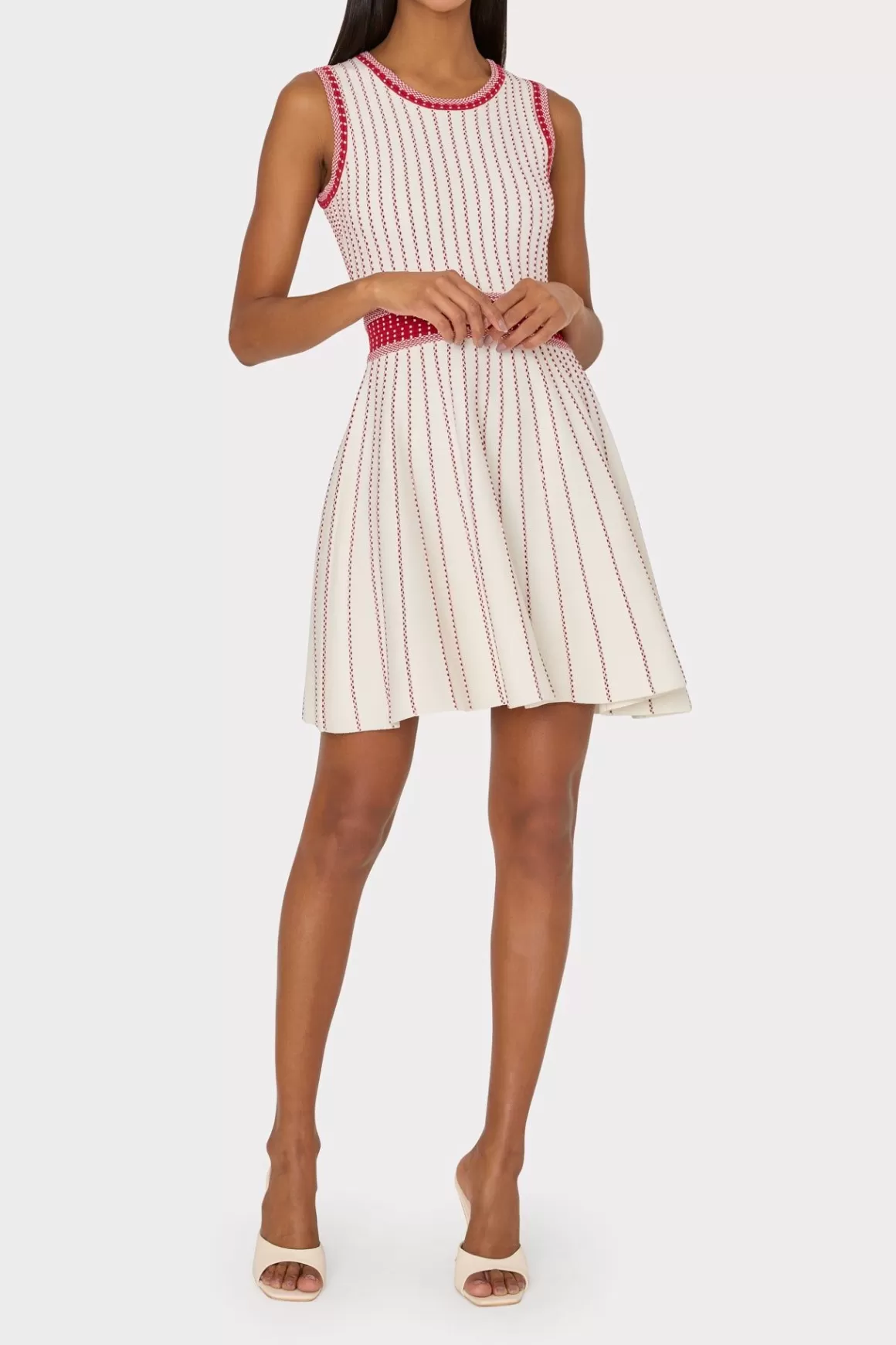 MILLY Cocktail Dresses-Vertical Texture Fit And Flare Dress Ecru/Red