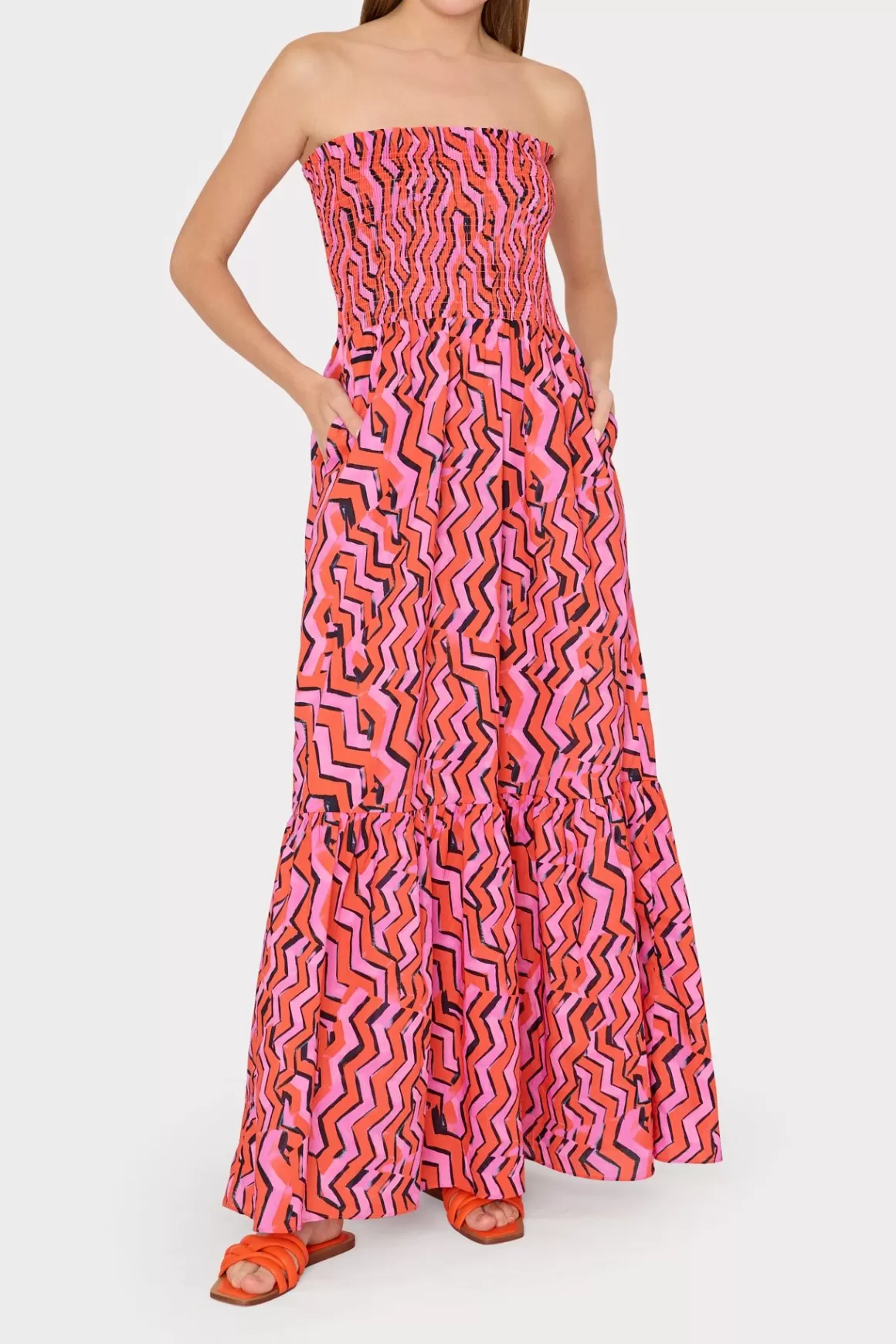 MILLY Cover-Ups-Viona Painted Chevron Cotton Voile Dress Coral Multi