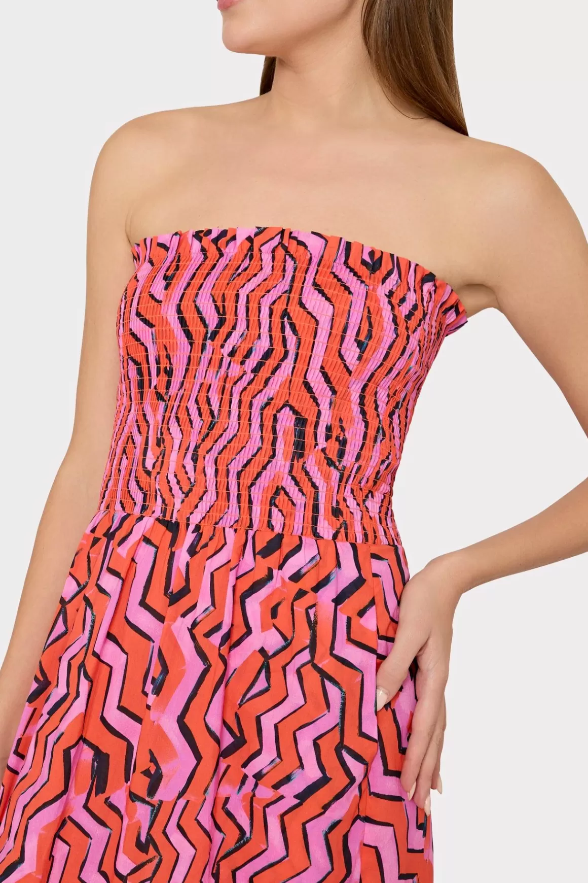 MILLY Cover-Ups-Viona Painted Chevron Cotton Voile Dress Coral Multi