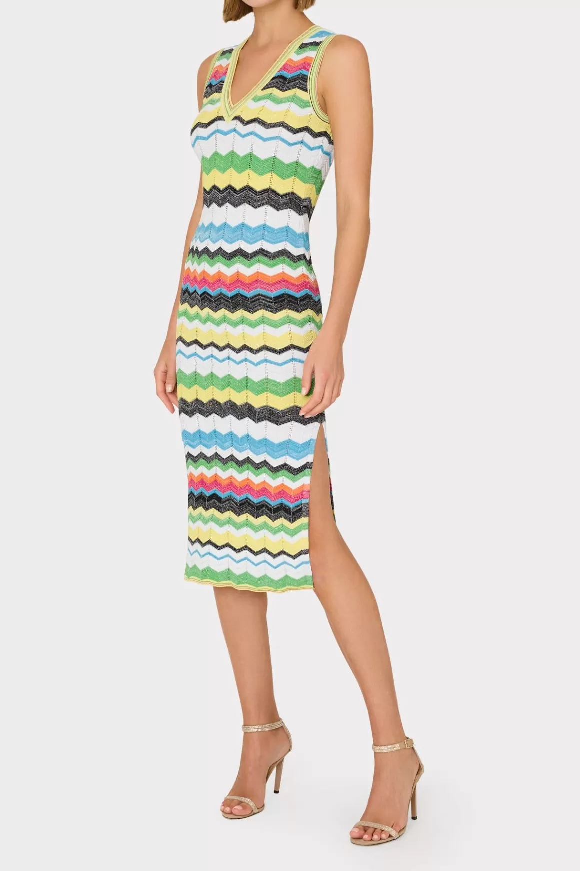 MILLY Sweaters & Knits-V-Neck Zig Zag Midi Dress Yellow Multi