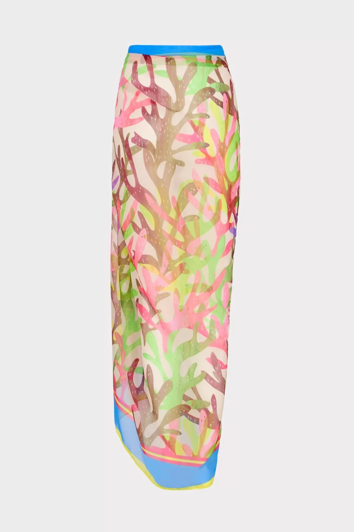 MILLY Cover-Ups-Watercolor Caribbean Coral Chiffon Sarong Green Multi