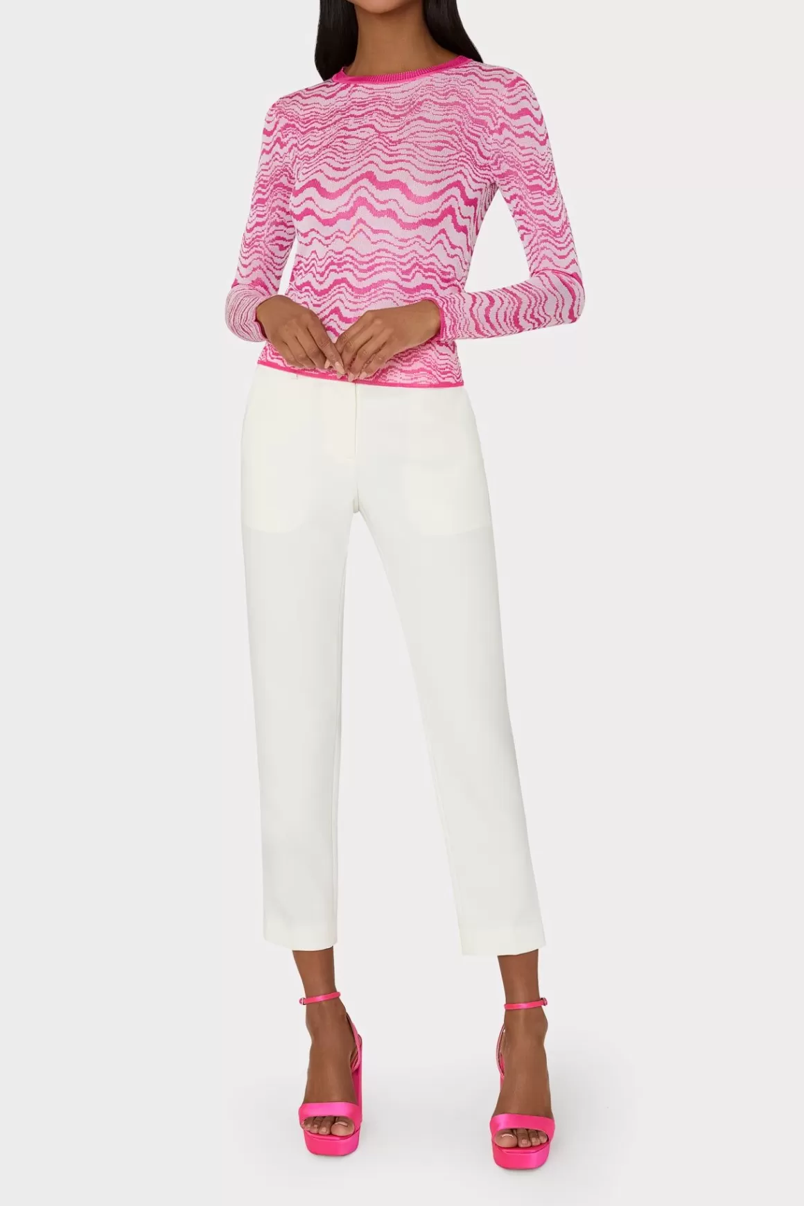 MILLY Sweaters & Knits-Wave Jacquard Crewneck Pullover Pink/Ecru